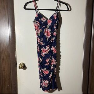 Lulus Dress Sz Small Mini Bodycon Floral Side Slit Formal Blue Ruched Mesh Women